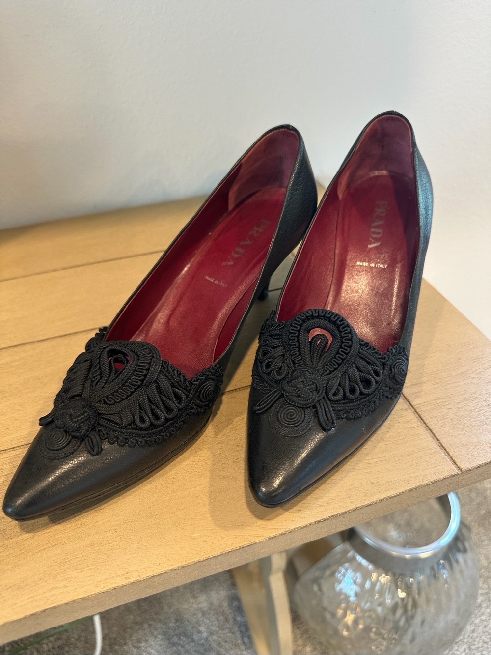 Prada Black Pointed Toe Embroidered Appliqué Pumps